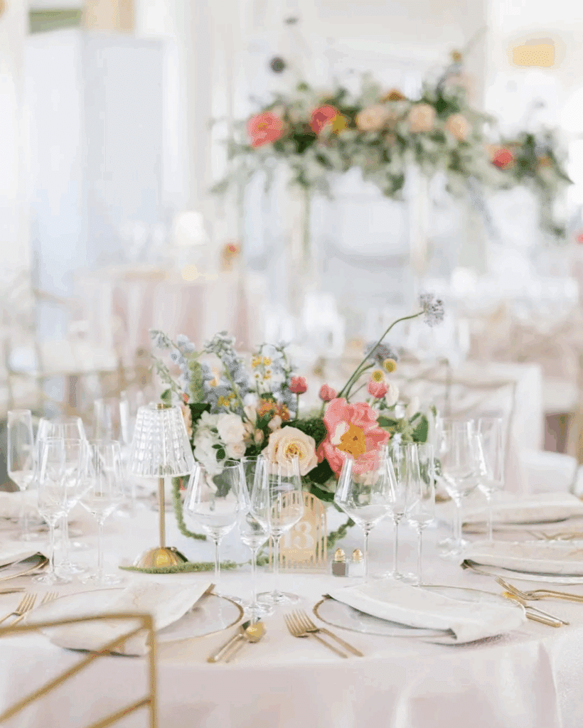 Lake Geneva Spring Wedding tablescape featuring pastel florals and linens.